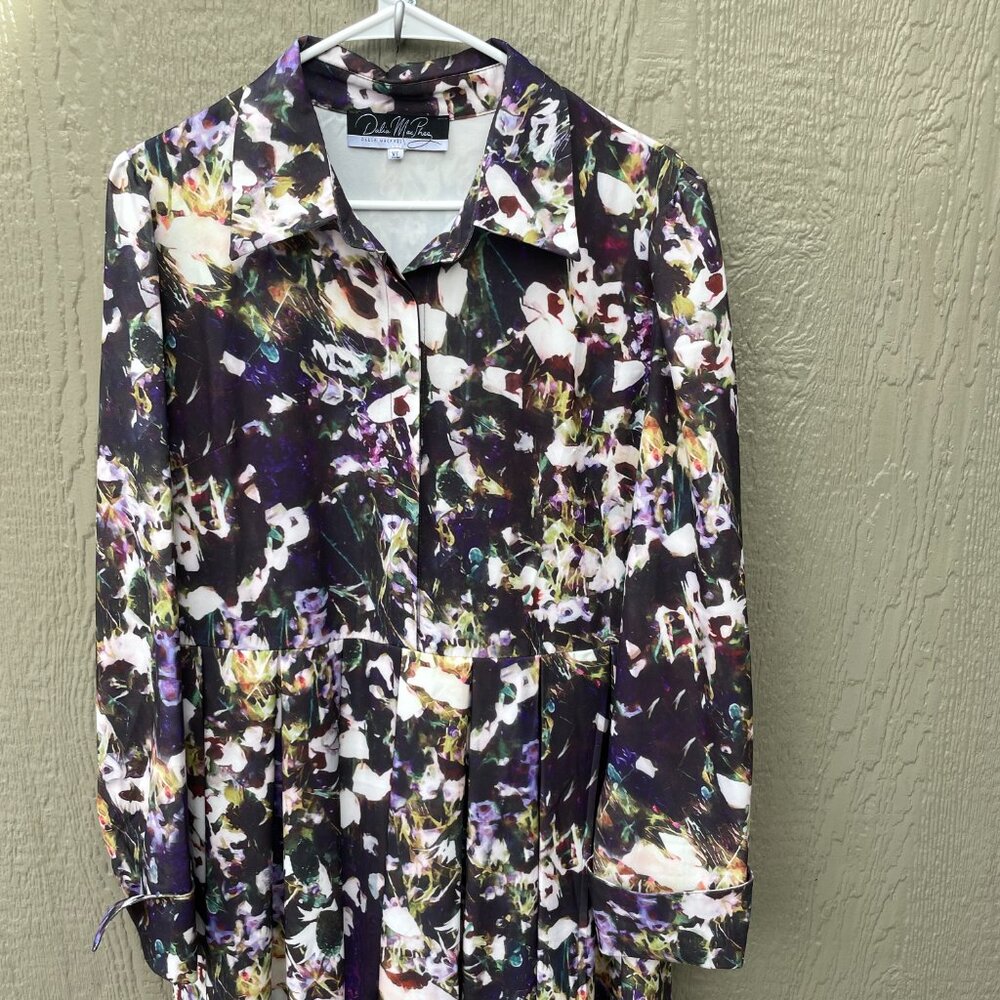 Dalia Macphee Long Sleeve Dress XL Pleated Abstract Floral Collared Button Fron - Picture 3 of 10